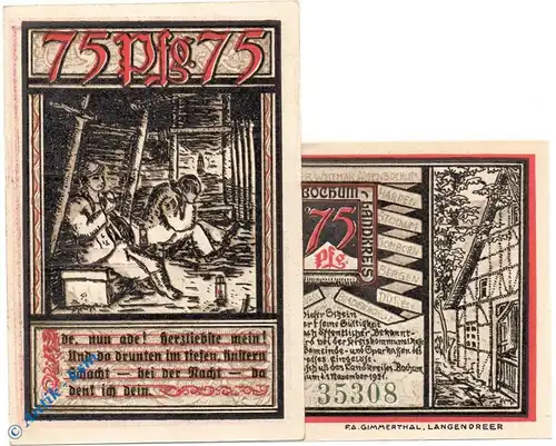 Notgeld Bochum , 75 Pfennig Schein Nr 2 , Kn = grün , Mehl Grabowski 127.1 b , von 1921 , Westfalen Seriennotgeld