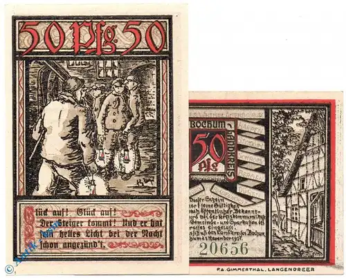 Notgeld Bochum , 50 Pfennig Schein Nr 1 , Kn = grün , Mehl Grabowski 127.1 b , von 1921 , Westfalen Seriennotgeld