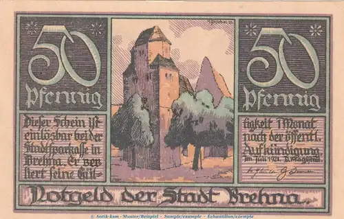 Notgeld Stadt Brehna 160.3 , 50 Pfennig Schein Nr.12 in kfr. von 1921 , Sachsen Anhalt Seriennotgeld