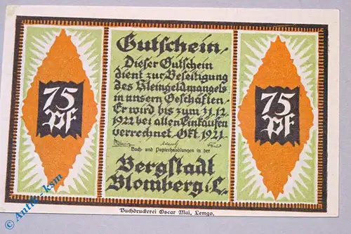 Notgeld Blomberg , 75 Pfennig Schein , Mehl Grabowski 120.2 , von 1921 , Westfalen Seriennotgeld