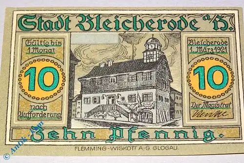 Notgeld Bleicherode , 10 Pfennig Schein ohne Kennummer , Mehl Grabowski 119.2 m , von 1921 , Thüringen Seriennotgeld