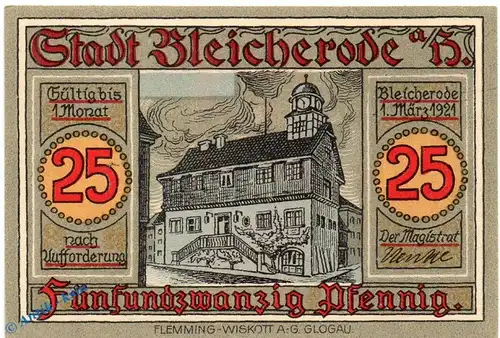 Notgeld Bleicherode , 25 Pfennig Schein ohne Kennummer in kfr. Mehl Grabowski 119.2 m , von 1921 , Thüringen Seriennotgeld