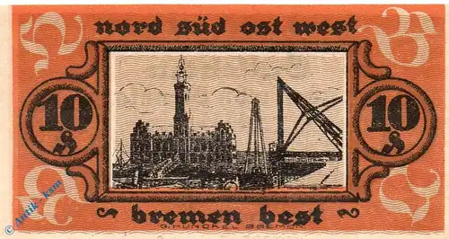 Notgeld Bremen , Hafenbetriebsverein , 10 Pfennig Schein , Mehl Grabowski 170.1 , von 1921 , Niedersachsen Seriennotgeld