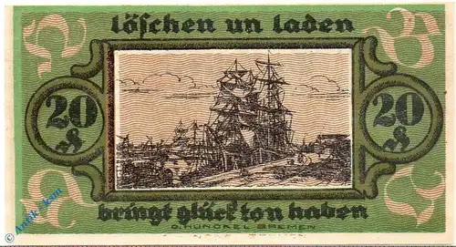 Notgeld Bremen , Hafenbetriebsverein , 20 Pfennig Schein , Mehl Grabowski 170.1 , von 1921 , Niedersachsen Seriennotgeld