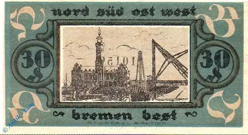 Notgeld Bremen , Hafenbetriebsverein , 30 Pfennig Schein , Mehl Grabowski 170.1 , von 1921 , Niedersachsen Seriennotgeld