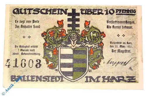 Notgeld Ballenstedt , 10 Pfennig Schein Nr 1 , Kennummer schwarz , Mehl Grabowski 61.4 , Sachsen Anhalt Seriennotgeld