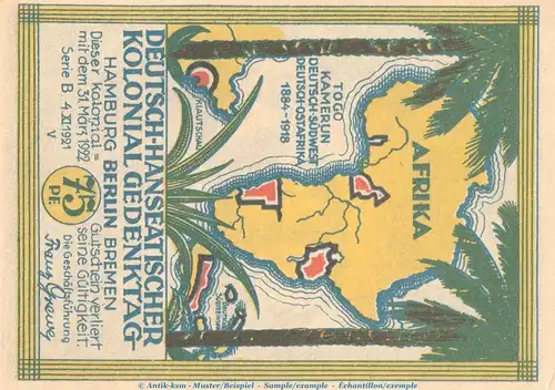 Notgeld Berlin Kolonialpioniere 88.4 , 75 Pf. Nr.5 -vertauschtes Bild- in kfr. von 1921 , Brandenburg Seriennotgeld