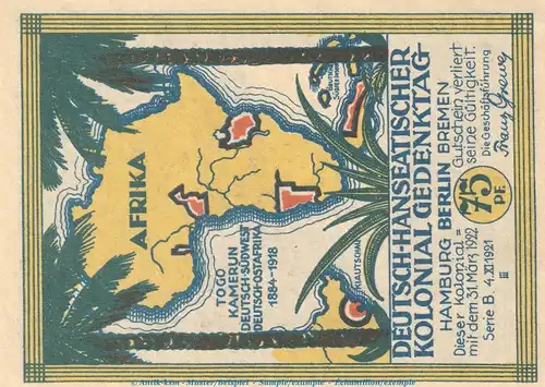 Notgeld Berlin Kolonialpioniere 88.4 , 75 Pf. Nr.3 -vertauschtes Bild- in kfr. von 1921 , Brandenburg Seriennotgeld