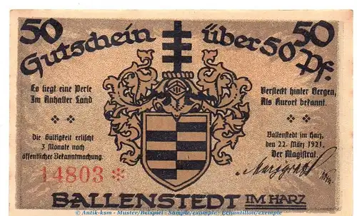 Notgeld Stadt Ballenstedt 61.3 , 50 Pfennig Schein Nr.1 in kfr. von 1921 , Sachsen Anhalt Seriennotgeld