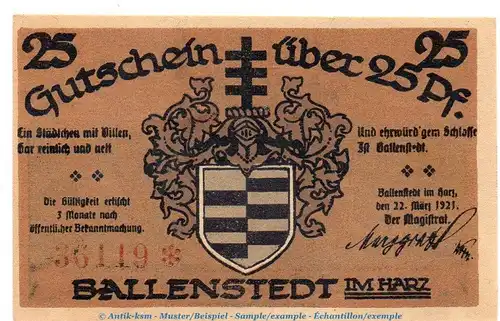 Notgeld Stadt Ballenstedt 61.3 , 25 Pfennig Schein Nr.2 in kfr. von 1921 , Sachsen Anhalt Seriennotgeld