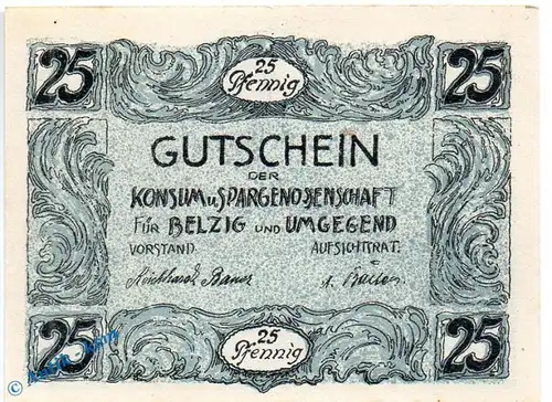 Notgeld Belzig , Konsum und Spar , 25 Pfennig Schein in kfr. Mehl Grabowski 71.1 , Brandenburg Seriennotgeld