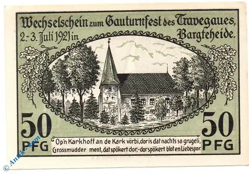 Notgeld Gauturnfest Bargteheide 63.1 , 50 Pfennig Schein Nr 2 in kfr. von 1921 , Schleswig Holstein Seriennotgeld