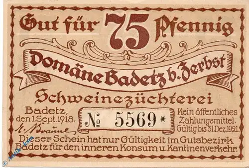 Notgeld Domäne Badetz , 75 Pfennig Nr 3 , Mehl Grabowski 59.1 , von 1918 , Sachsen Anhalt Serien Notgeld