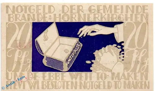 Notgeld Brande Hörnerkirchen , bis 1921 , 20 Pfennig Schein in kfr. Mehl Grabowski 152.1 , Schleswig Holstein Seriennotgeld