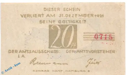 Notgeld Brande Hörnerkirchen , bis 1921 , 20 Pfennig Schein in kfr. Mehl Grabowski 152.1 , Schleswig Holstein Seriennotgeld