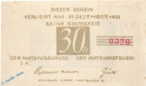 Notgeld Brande Hörnerkirchen , bis 1921 , 30 Pfennig Schein in kfr. Mehl Grabowski 152.1 , Schleswig Holstein Seriennotgeld