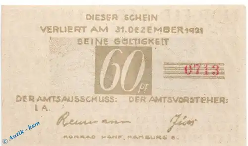 Notgeld Brande Hörnerkirchen , bis 1921 , 60 Pfennig Schein in kfr. Mehl Grabowski 152.1 , Schleswig Holstein Seriennotgeld