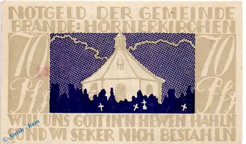 Notgeld Brande Hörnerkirchen , bis 1921 , 70 Pfennig Schein in kfr. Mehl Grabowski 152.1 , Schleswig Holstein Seriennotgeld
