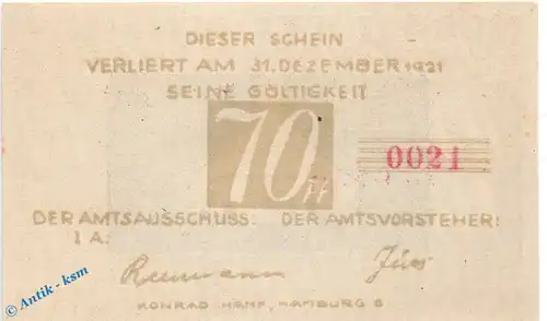 Notgeld Brande Hörnerkirchen , bis 1921 , 70 Pfennig Schein in kfr. Mehl Grabowski 152.1 , Schleswig Holstein Seriennotgeld
