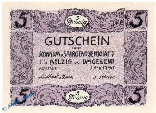 Notgeld Belzig , Konsum und Spar , 5 Pfennig Schein in kfr. Mehl Grabowski 71.1 , Brandenburg Seriennotgeld