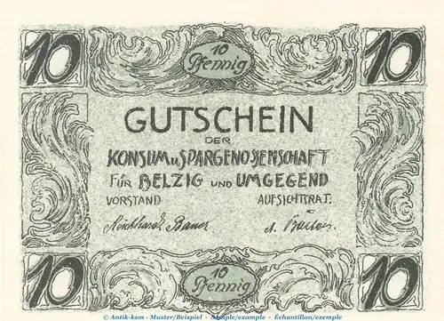 Notgeld Belzig , Konsum und Spar , 10 Pfennig Schein in kfr. Mehl Grabowski 71.1 , Brandenburg Seriennotgeld