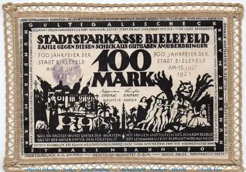 Notgeld Sparkasse Bielefeld 103.9.f , 100 Mark Schein Leinen in kfr. von 1921 , Westfalen Seriennotgeld