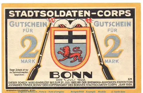 Notgeld Stadtsoldaten-Corps Bonn 141.1 , 2 Mark Schein in kfr. von 1922 , Westfalen Seriennotgeld