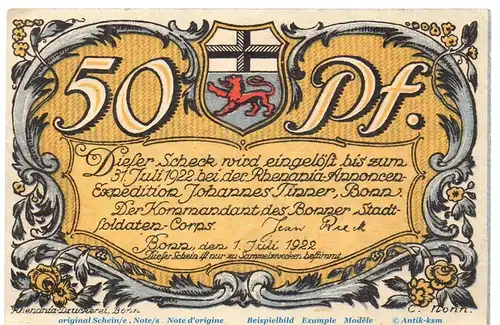 Notgeld Stadtsoldaten-Corps Bonn 141.1 , 50 Pfennig Schein Nr 1 in kfr. von 1922 , Westfalen Seriennotgeld