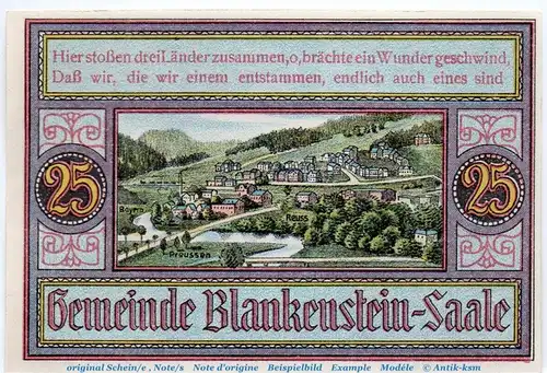 Notgeld Gemeinde Blankenstein 118.1 , 25 Pfennig Schein in kfr. von 1921 , Thüringen Seriennotgeld