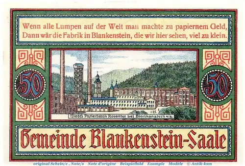 Notgeld Gemeinde Blankenstein 118.1 , 50 Pfennig Schein in kfr. von 1921 , Thüringen Seriennotgeld