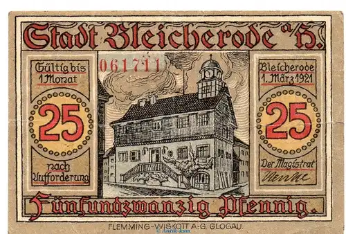 Notgeld Stadt Bleicherode 119.2 , 25 Pfennig KN rot in L-gbr. von 1921 , Thüringen Seriennotgeld