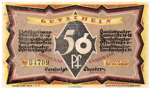 Notgeld vereinigte Theater Bremen 181.1 , 50 Pfennig Schein in kfr. o.D. Bremen Seriennotgeld