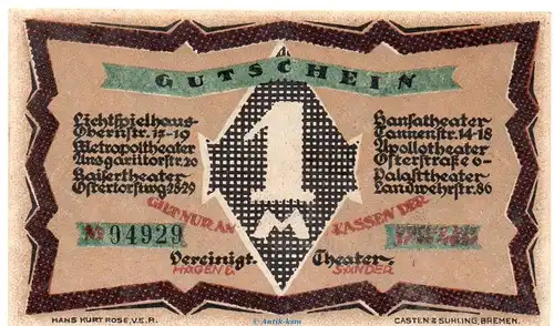 Notgeld vereinigte Theater Bremen 181.1 , 1 Mark Schein in kfr. o.D. Bremen Seriennotgeld