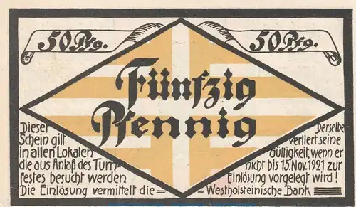 Notgeld Dockenhudener Turnerschaft Blankenese 116.1 , 50 Pfennig Schein in kfr. von 1921 , Schleswig Holstein Seriennotgeld
