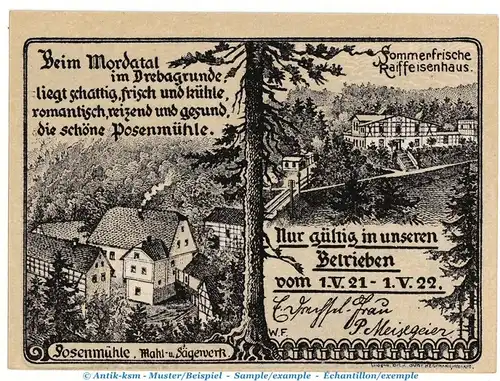 Notgeld Posenmühle Bucha 196.1.a , 25 Pfennig Schein in kfr. von 1921 , Thüringen Seriennotgeld