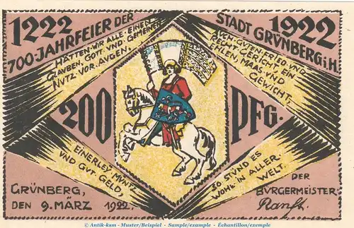 Notgeld Stadt Grünberg 488.1 , 200 Pfennig Schein Nr.2 in kfr von 1922 , Hessen Seriennotgeld