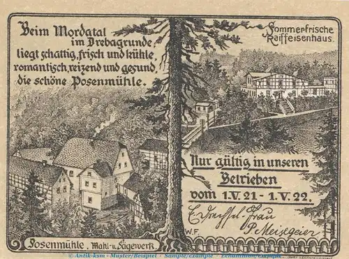 Notgeld Posenmühle Bucha 196.1.c , 25 Pfennig Schein in kfr. von 1921 , Thüringen Seriennotgeld