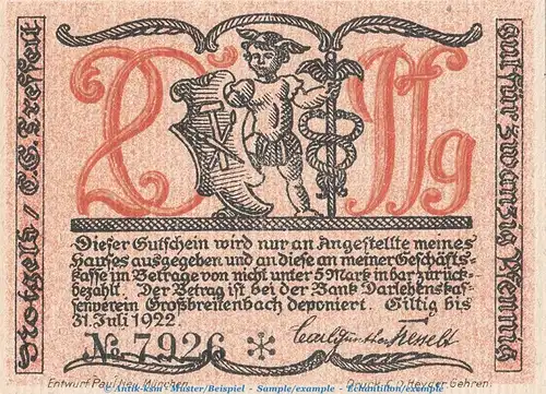 Notgeld Großbreitenbach Tesselt 477.2 , 20 Pfennig -Wasserliniert- in kfr. o.D. Thüringen Seriennotgeld