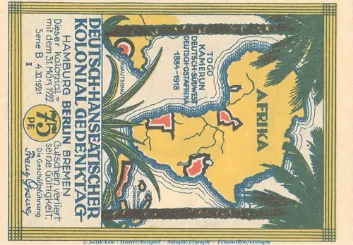 Notgeld Berlin Kolonialpioniere 88.4 , 75 Pf. Nr.2 -vertauschtes Bild- in kfr. von 1921 , Brandenburg Seriennotgeld