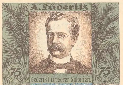 Notgeld Berlin Kolonialpioniere 88.4 , 75 Pf. Nr.1 -vertauschtes Bild- in kfr. von 1921 , Brandenburg Seriennotgeld