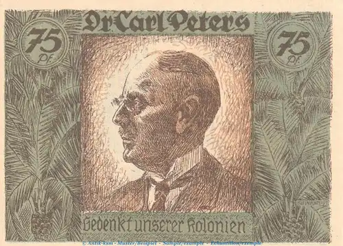 Notgeld Berlin Kolonialpioniere 88.4 , 75 Pf. Nr.6 -vertauschtes Bild- in kfr. von 1921 , Brandenburg Seriennotgeld