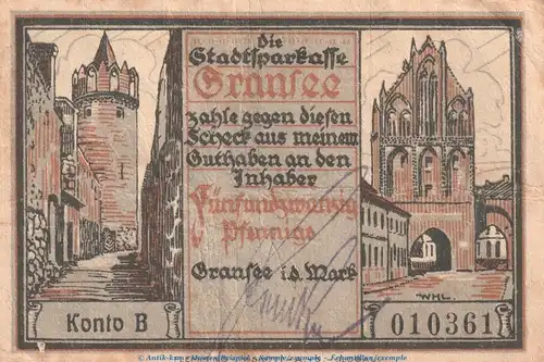 Notgeld Sparkasse Gransee 465.1.b , 25 Pfennig Schein mit US in gbr. o.D. Brandenburg Seriennotgeld