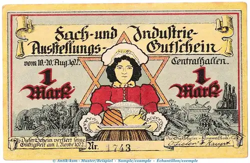 Notgeld Wirteverein von 1877 Bremen 168.1 , 1 Mark Schein in kfr. von 1922 , Niedersachsen Seriennotgeld