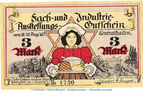 Notgeld Wirteverein von 1877 Bremen 168.1 , 3 Mark Schein in kfr. von 1922 , Niedersachsen Seriennotgeld