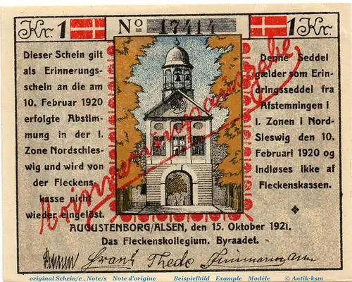 Notgeld Augustenburg , 1 Krone Schein , Mehl Grabowski 54.2 , von 1920 , dänisch Nordschleswig Seriennotgeld