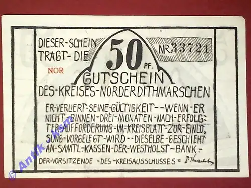 Notgeld Norderdithmarschen , Schleswig Holstein , Einzelschein 50 Pfennig , - NOR - , Seriennotgeld , 983.4 , von 1921