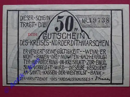 Norderdithmarschen , Notgeld 50 Pfennig -DITH- in kfr. M-G 983.4.a Schleswig o.D. Seriennotgeld