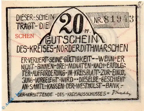 Notgeld Norderdithmarschen , 20 Pfennig Schein - SCHEN - , Mehl Grabowski 983.4 , Schleswig Holstein Seriennotgeld