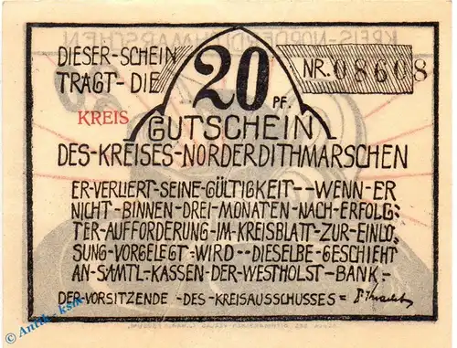 Notgeld Norderdithmarschen , 20 Pfennig Schein in kfr. KREIS , Mehl Grabowski 983.4 , Schleswig Holstein Seriennotgeld