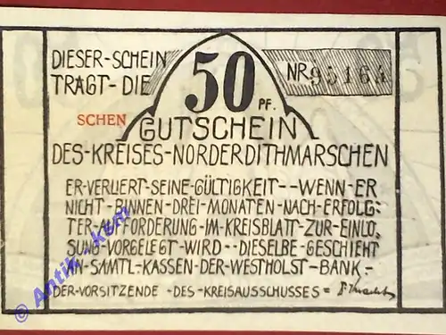 Notgeld Norderdithmarschen , Schleswig Holstein , Einzelschein 50 Pfennig , - SCHEN - , Seriennotgeld , 983.4 , von 1921